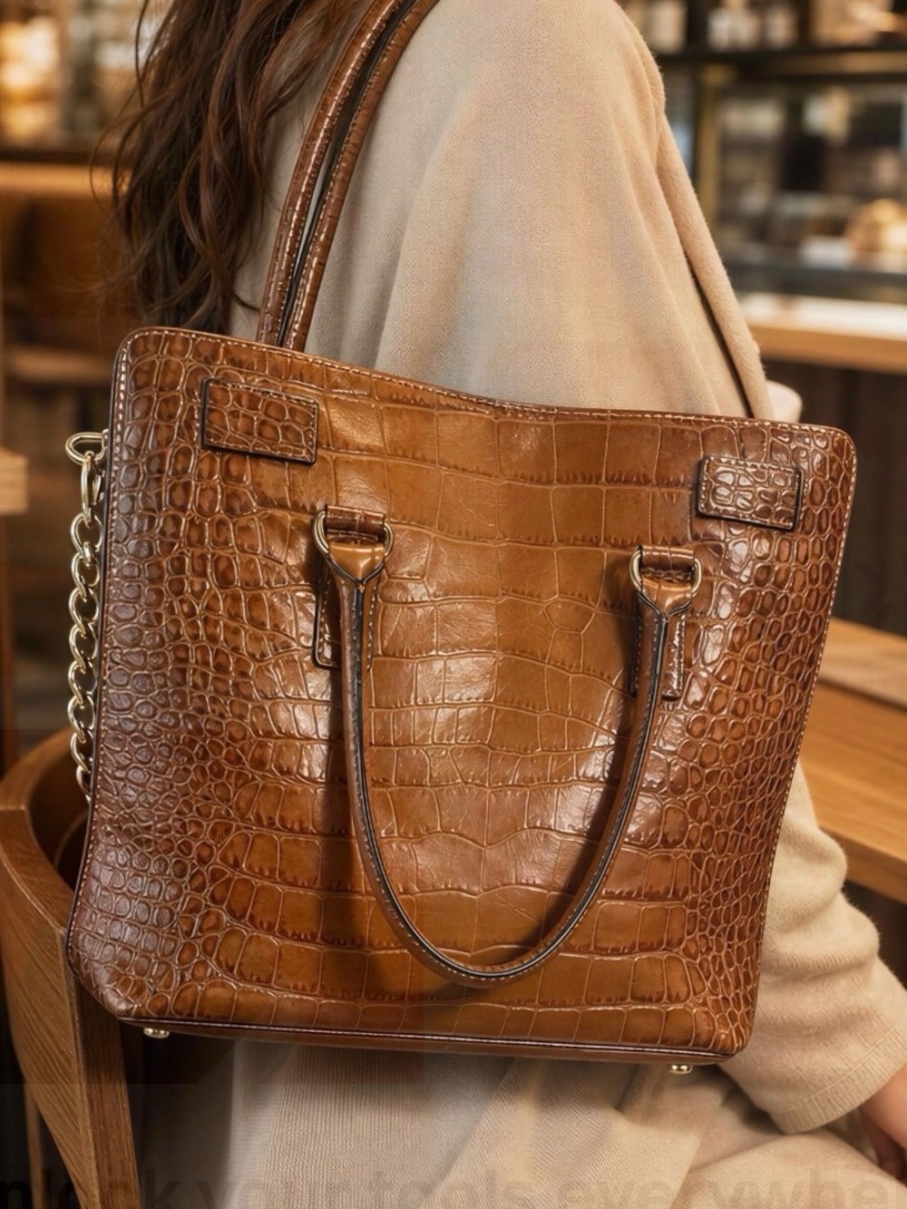 Limited Edition. Michael Kors Cognac Croc-Embossed Leather Satchel.